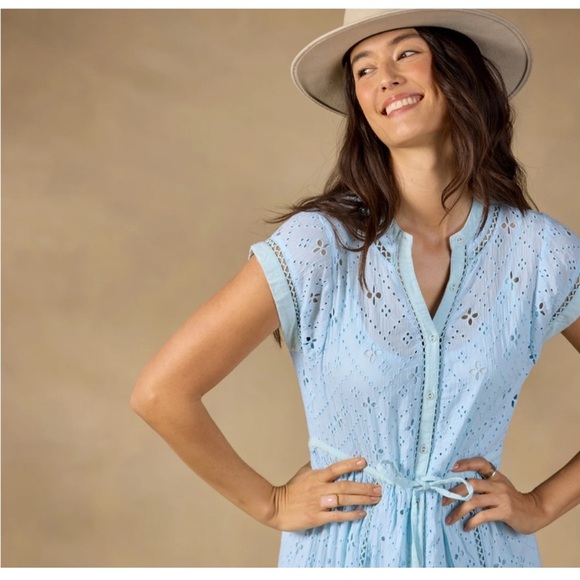 Sundance Astoria Eyelet Blue Buttoned Ruffled Cap Sleeve Tiered Midi Sun Dress - Picture 13 of 13